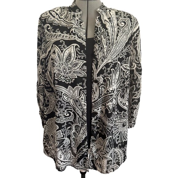 Coral Bay Plus Black & White Paisley Faux 2 Pc Top 1X Lightweight Womens Blouse - Picture 1 of 10
